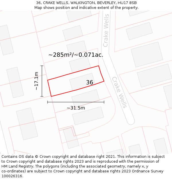 36, CRAKE WELLS, WALKINGTON, BEVERLEY, HU17 8SB: Plot and title map