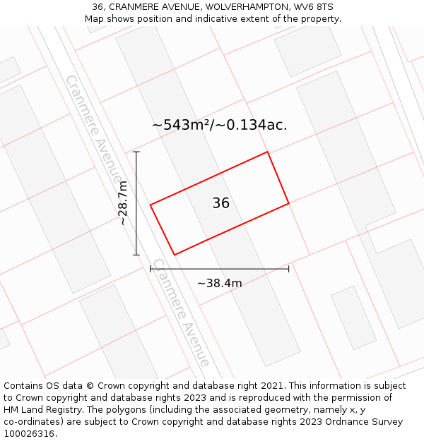 36, CRANMERE AVENUE, WOLVERHAMPTON, WV6 8TS: Plot and title map