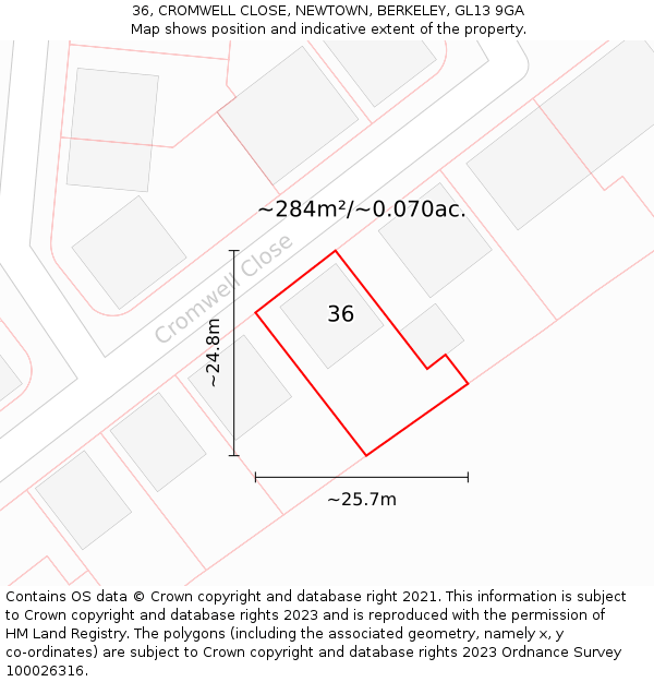 36, CROMWELL CLOSE, NEWTOWN, BERKELEY, GL13 9GA: Plot and title map