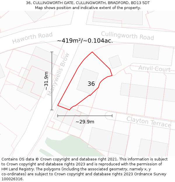 36, CULLINGWORTH GATE, CULLINGWORTH, BRADFORD, BD13 5DT: Plot and title map