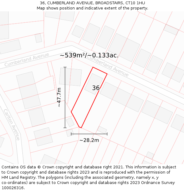 36, CUMBERLAND AVENUE, BROADSTAIRS, CT10 1HU: Plot and title map