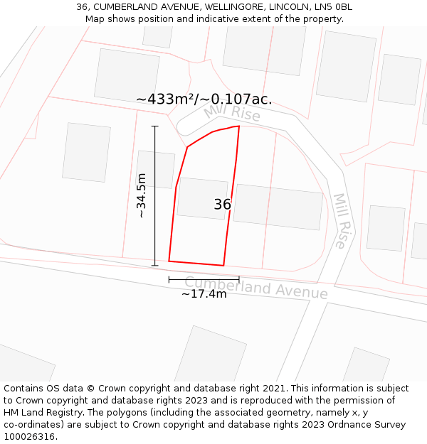 36, CUMBERLAND AVENUE, WELLINGORE, LINCOLN, LN5 0BL: Plot and title map