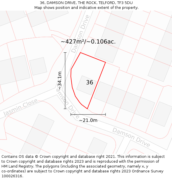 36, DAMSON DRIVE, THE ROCK, TELFORD, TF3 5DU: Plot and title map