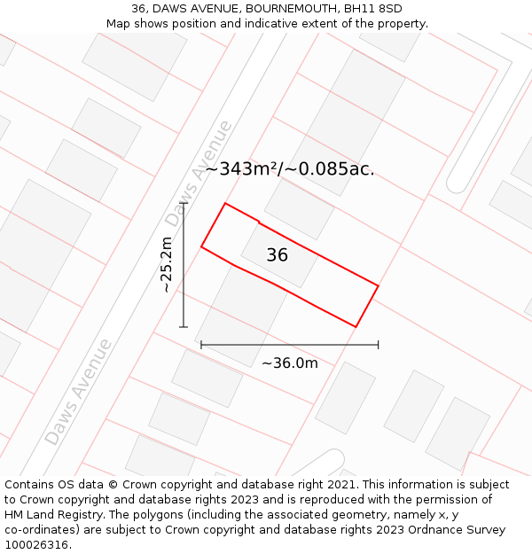 36, DAWS AVENUE, BOURNEMOUTH, BH11 8SD: Plot and title map