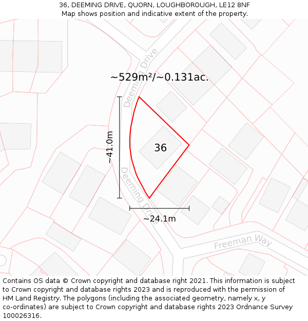 36, DEEMING DRIVE, QUORN, LOUGHBOROUGH, LE12 8NF: Plot and title map