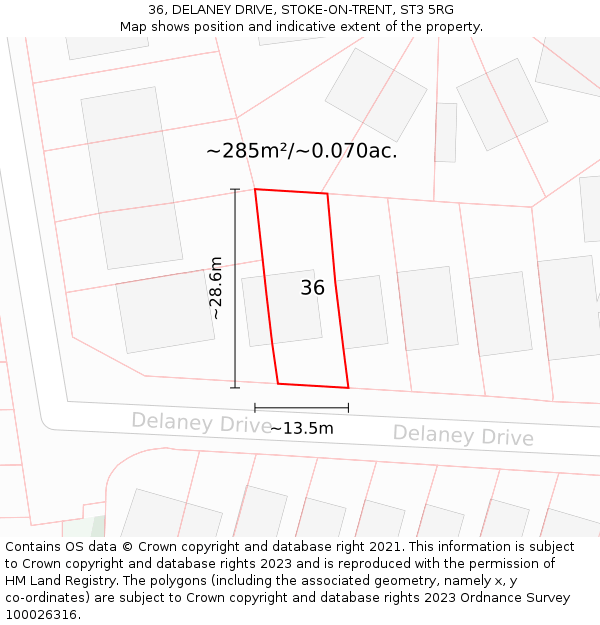 36, DELANEY DRIVE, STOKE-ON-TRENT, ST3 5RG: Plot and title map