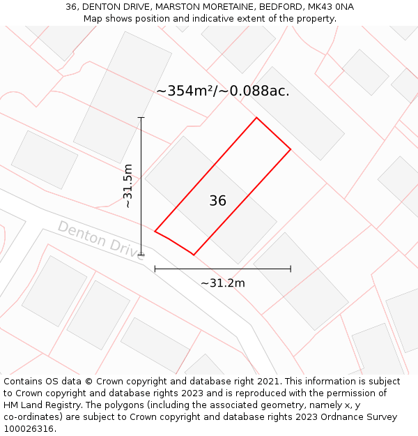 36, DENTON DRIVE, MARSTON MORETAINE, BEDFORD, MK43 0NA: Plot and title map