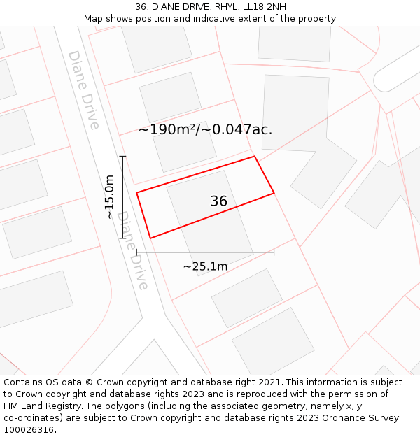 36, DIANE DRIVE, RHYL, LL18 2NH: Plot and title map