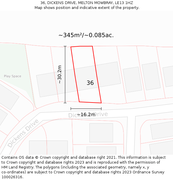 36, DICKENS DRIVE, MELTON MOWBRAY, LE13 1HZ: Plot and title map