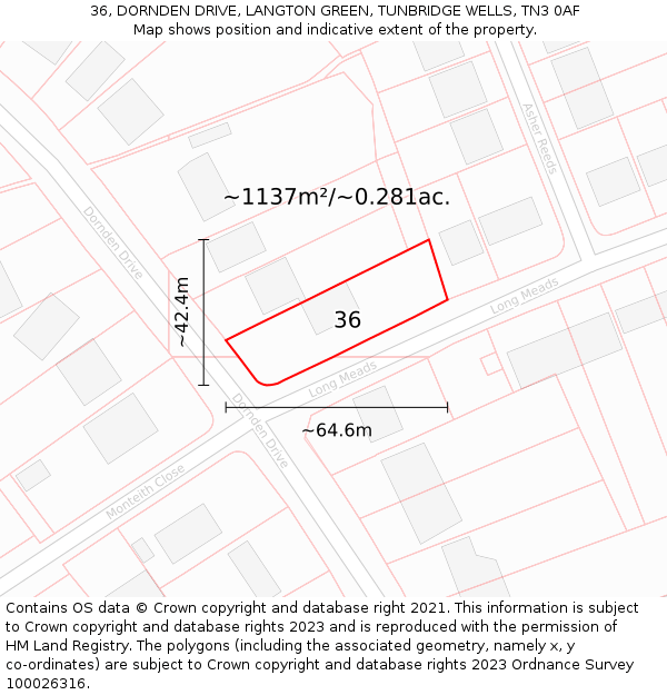 36, DORNDEN DRIVE, LANGTON GREEN, TUNBRIDGE WELLS, TN3 0AF: Plot and title map