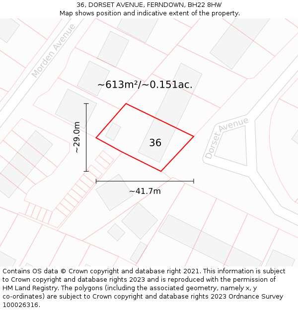 36, DORSET AVENUE, FERNDOWN, BH22 8HW: Plot and title map