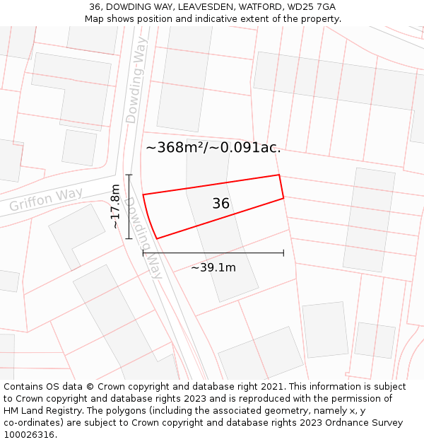 36, DOWDING WAY, LEAVESDEN, WATFORD, WD25 7GA: Plot and title map