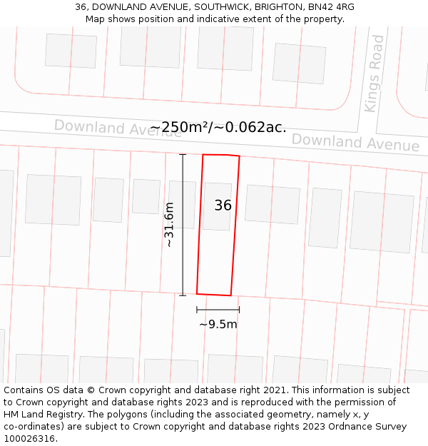 36, DOWNLAND AVENUE, SOUTHWICK, BRIGHTON, BN42 4RG: Plot and title map