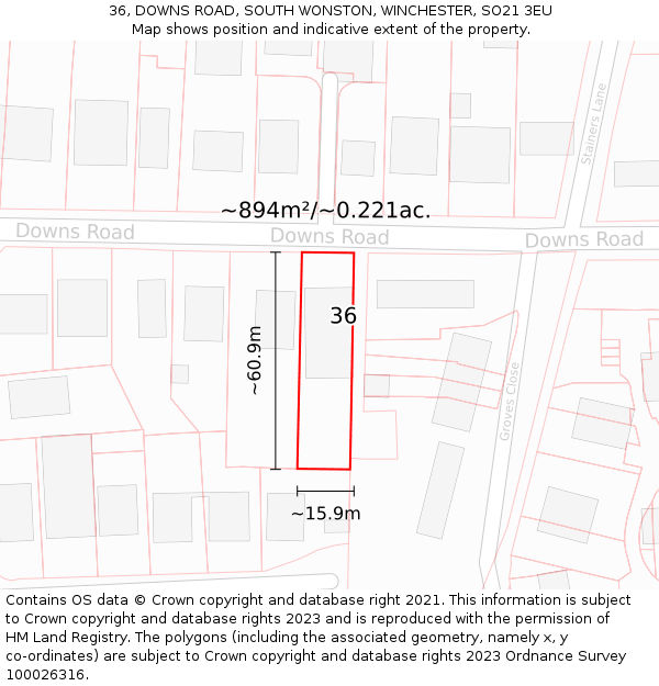 36, DOWNS ROAD, SOUTH WONSTON, WINCHESTER, SO21 3EU: Plot and title map