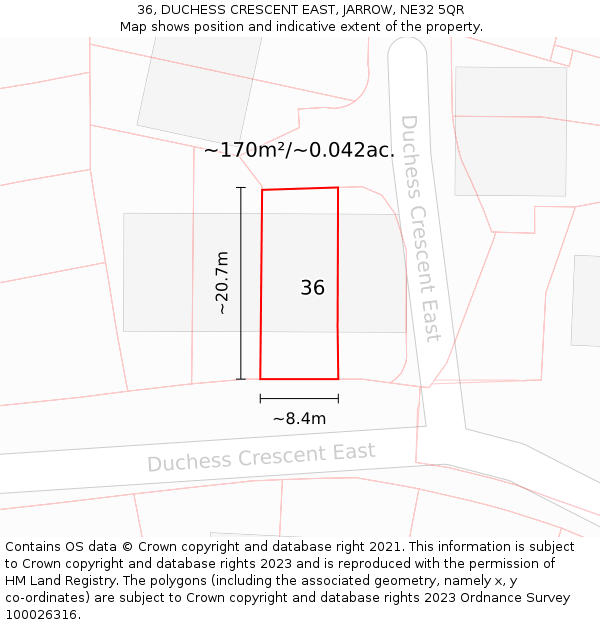 36, DUCHESS CRESCENT EAST, JARROW, NE32 5QR: Plot and title map