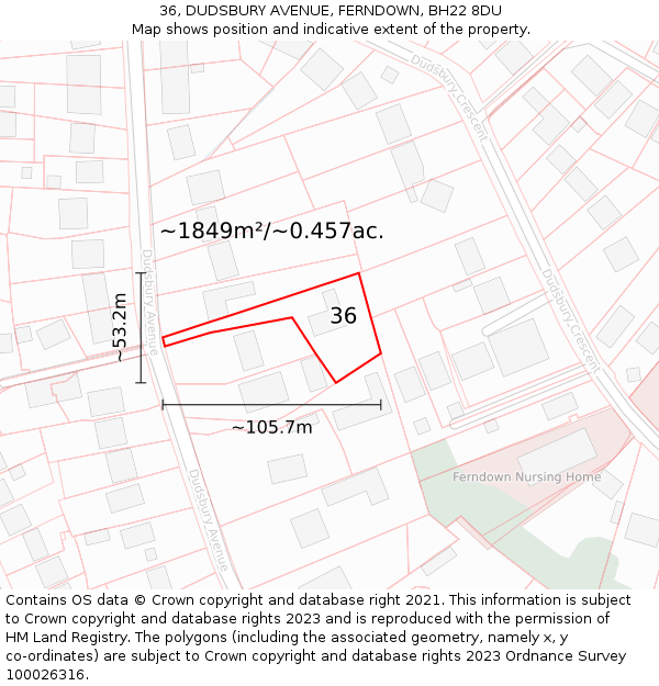 36, DUDSBURY AVENUE, FERNDOWN, BH22 8DU: Plot and title map