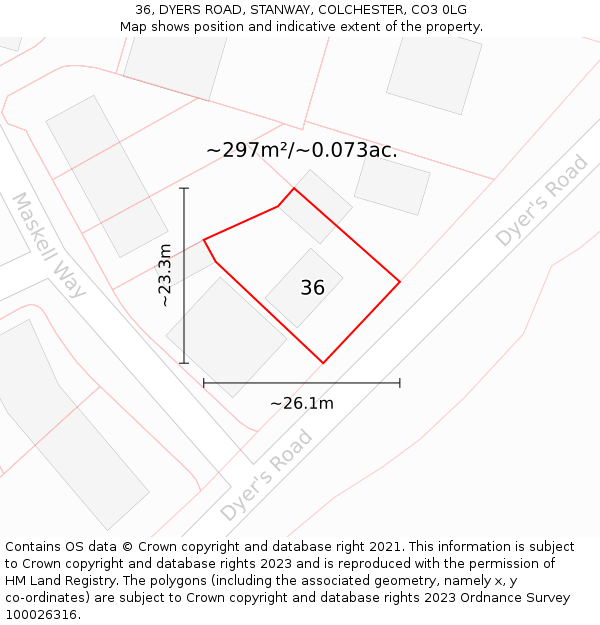 36, DYERS ROAD, STANWAY, COLCHESTER, CO3 0LG: Plot and title map