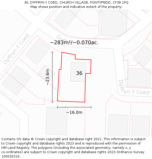 36, DYFFRYN Y COED, CHURCH VILLAGE, PONTYPRIDD, CF38 1PQ: Plot and title map