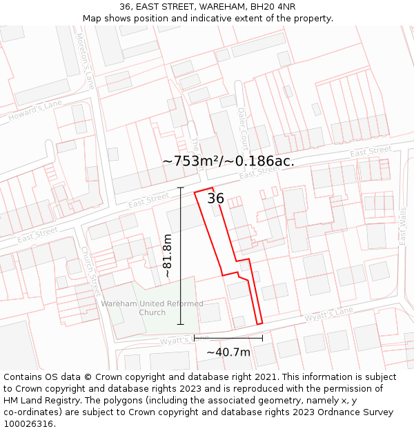 36, EAST STREET, WAREHAM, BH20 4NR: Plot and title map