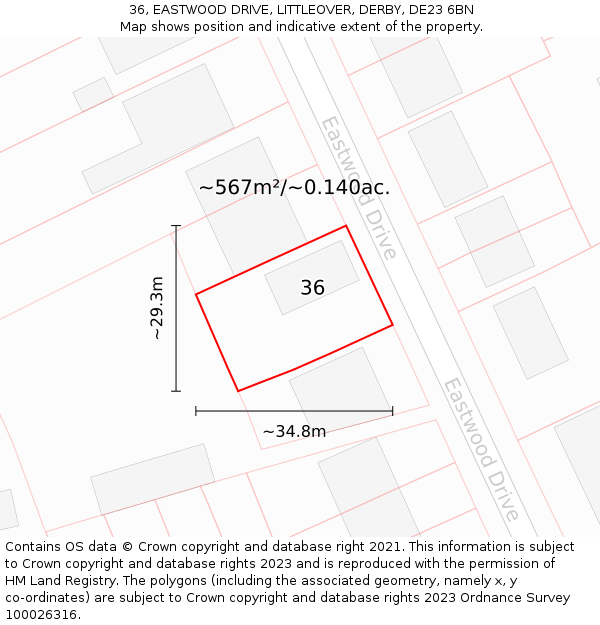 36, EASTWOOD DRIVE, LITTLEOVER, DERBY, DE23 6BN: Plot and title map