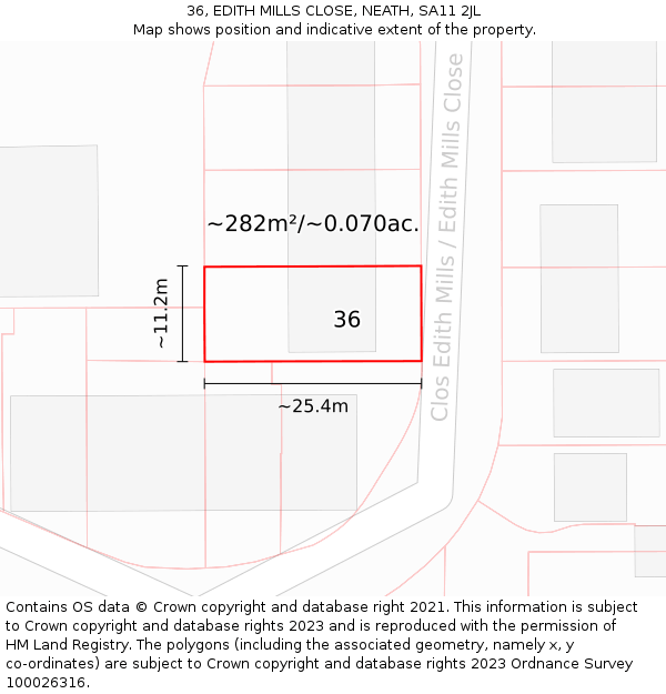 36, EDITH MILLS CLOSE, NEATH, SA11 2JL: Plot and title map
