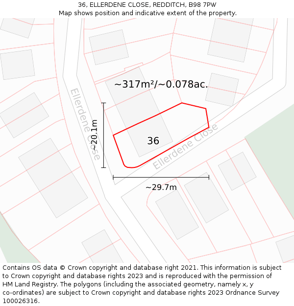36, ELLERDENE CLOSE, REDDITCH, B98 7PW: Plot and title map
