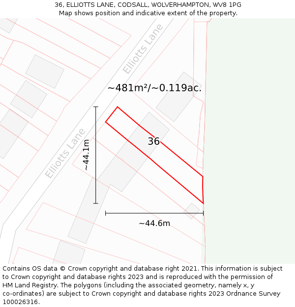 36, ELLIOTTS LANE, CODSALL, WOLVERHAMPTON, WV8 1PG: Plot and title map