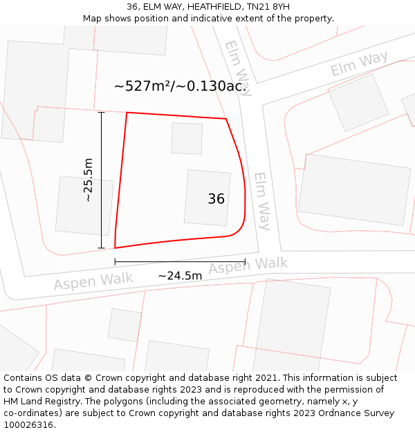 36, ELM WAY, HEATHFIELD, TN21 8YH: Plot and title map