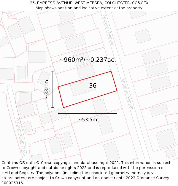 36, EMPRESS AVENUE, WEST MERSEA, COLCHESTER, CO5 8EX: Plot and title map