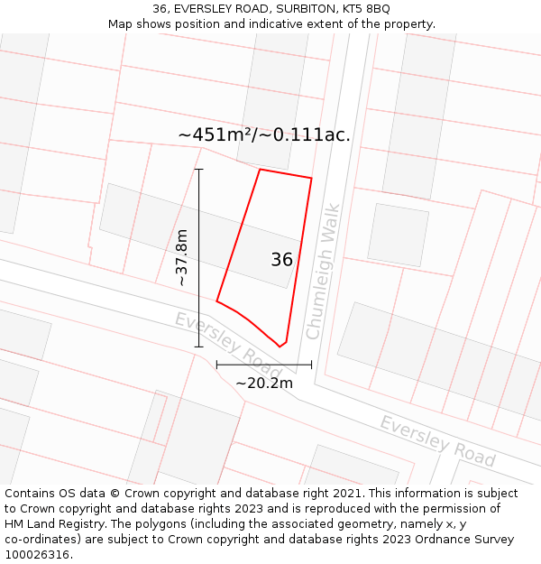 36, EVERSLEY ROAD, SURBITON, KT5 8BQ: Plot and title map