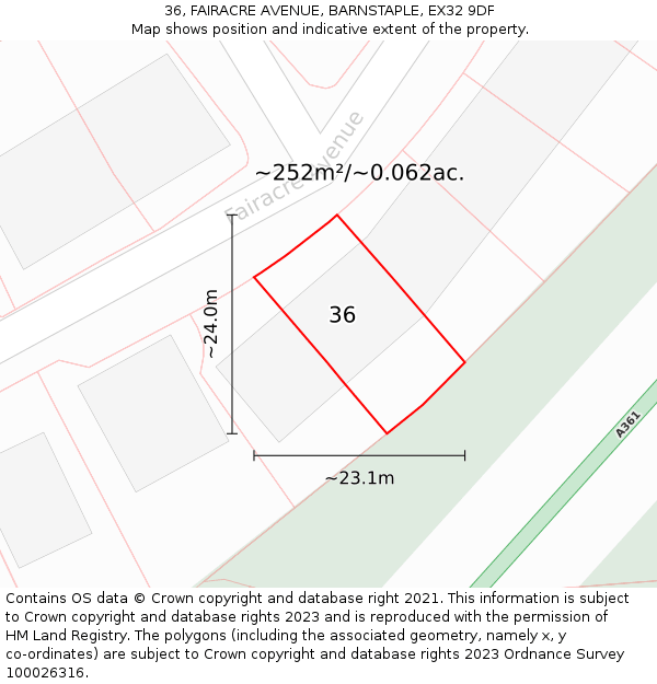 36, FAIRACRE AVENUE, BARNSTAPLE, EX32 9DF: Plot and title map