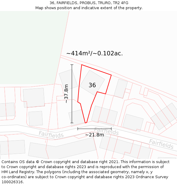 36, FAIRFIELDS, PROBUS, TRURO, TR2 4FG: Plot and title map