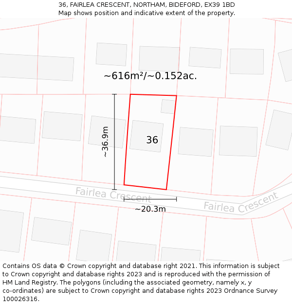 36, FAIRLEA CRESCENT, NORTHAM, BIDEFORD, EX39 1BD: Plot and title map