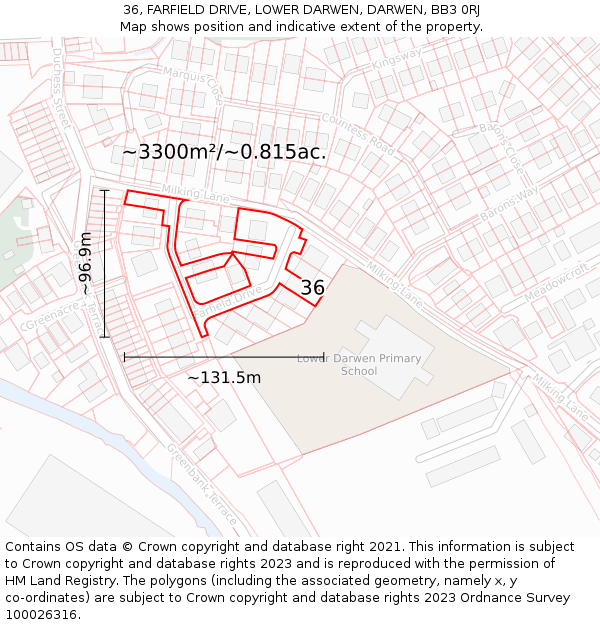 36, FARFIELD DRIVE, LOWER DARWEN, DARWEN, BB3 0RJ: Plot and title map