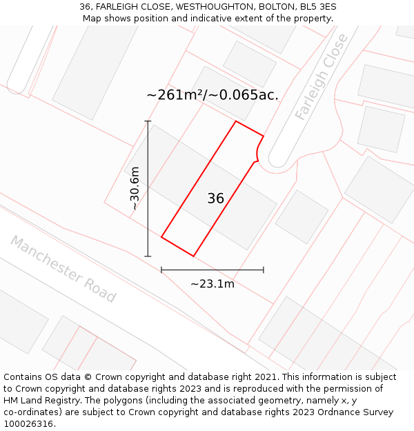 36, FARLEIGH CLOSE, WESTHOUGHTON, BOLTON, BL5 3ES: Plot and title map