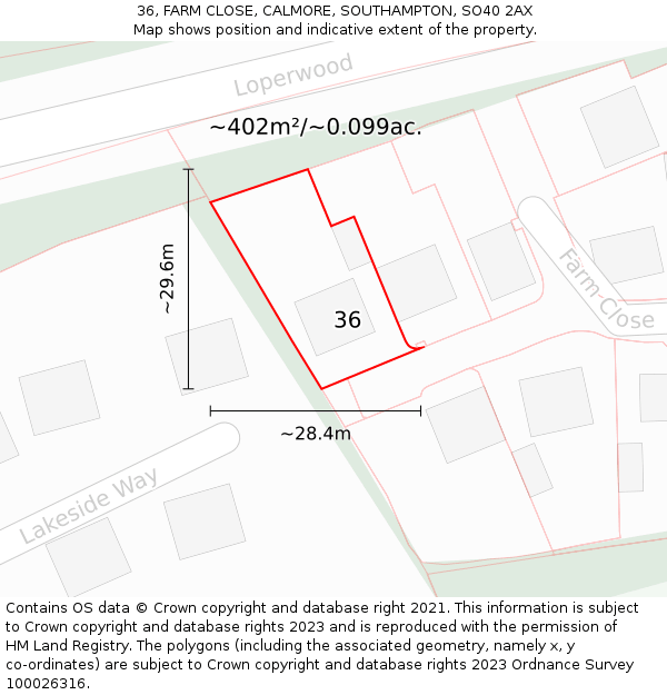 36, FARM CLOSE, CALMORE, SOUTHAMPTON, SO40 2AX: Plot and title map