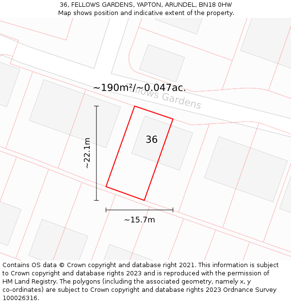 36, FELLOWS GARDENS, YAPTON, ARUNDEL, BN18 0HW: Plot and title map