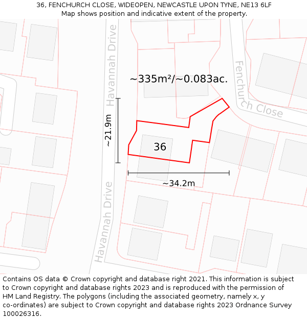 36, FENCHURCH CLOSE, WIDEOPEN, NEWCASTLE UPON TYNE, NE13 6LF: Plot and title map