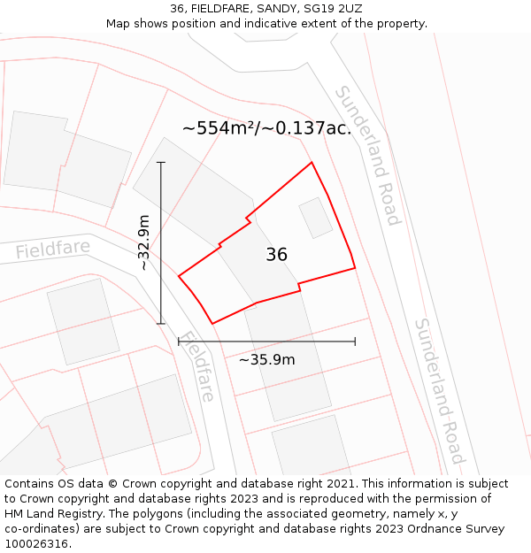 36, FIELDFARE, SANDY, SG19 2UZ: Plot and title map