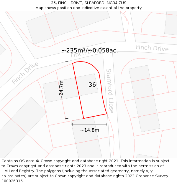 36, FINCH DRIVE, SLEAFORD, NG34 7US: Plot and title map