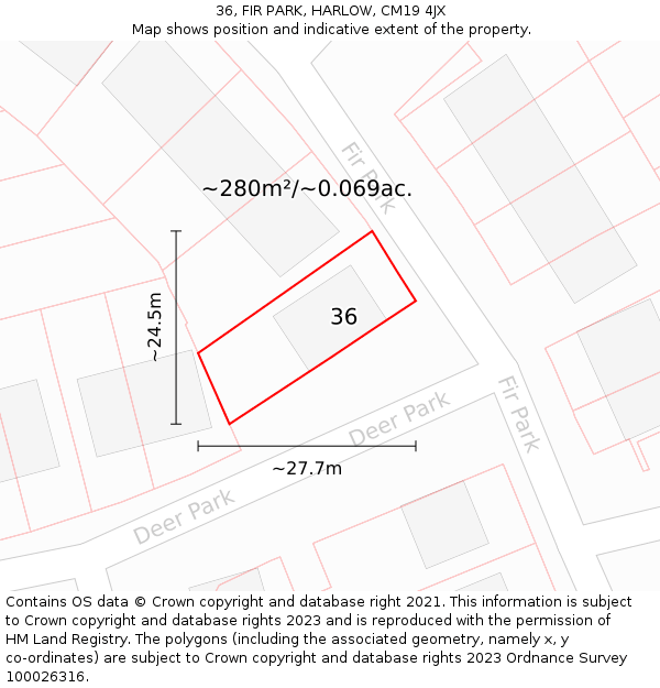 36, FIR PARK, HARLOW, CM19 4JX: Plot and title map