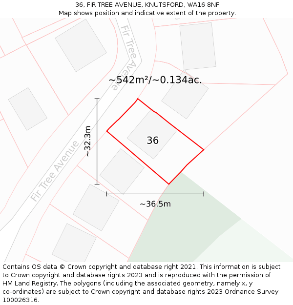 36, FIR TREE AVENUE, KNUTSFORD, WA16 8NF: Plot and title map