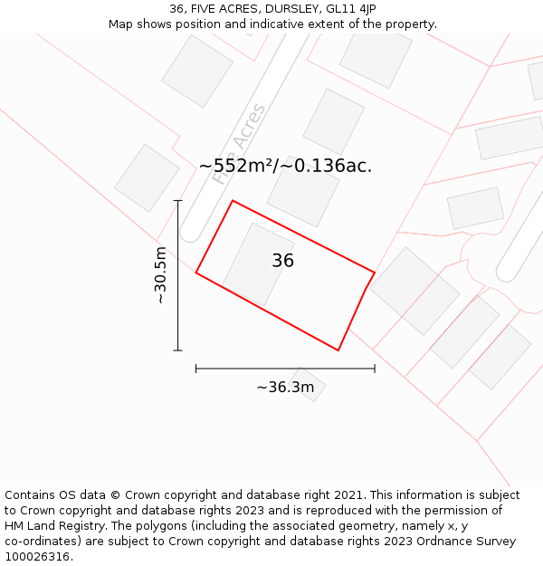 36, FIVE ACRES, DURSLEY, GL11 4JP: Plot and title map