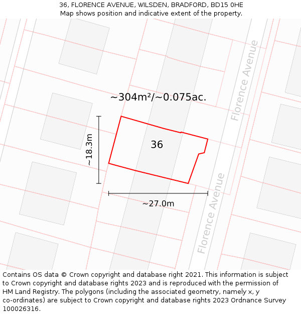 36, FLORENCE AVENUE, WILSDEN, BRADFORD, BD15 0HE: Plot and title map