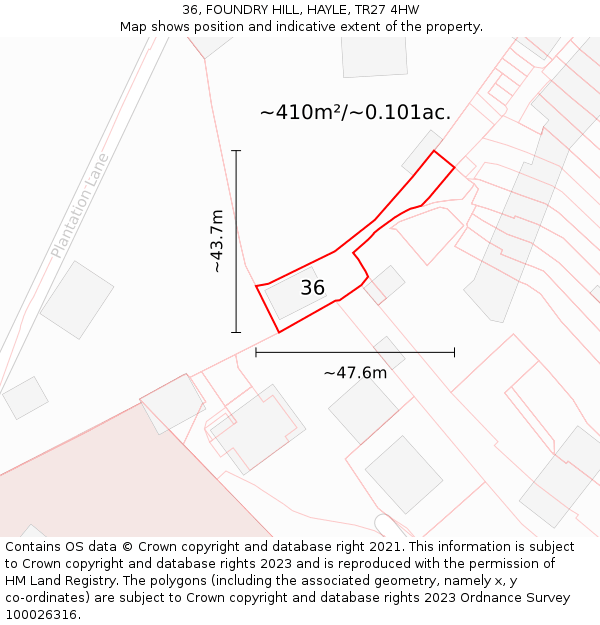 36, FOUNDRY HILL, HAYLE, TR27 4HW: Plot and title map