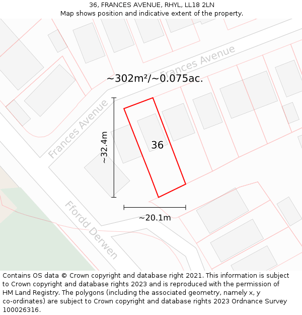 36, FRANCES AVENUE, RHYL, LL18 2LN: Plot and title map