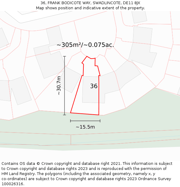 36, FRANK BODICOTE WAY, SWADLINCOTE, DE11 8JX: Plot and title map