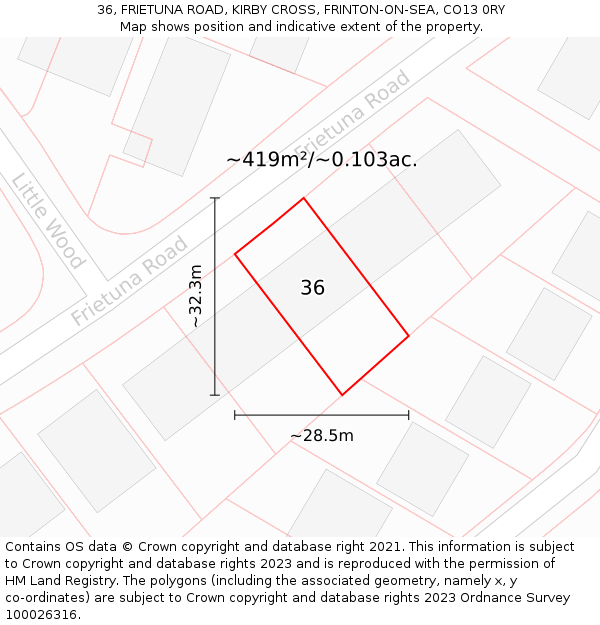 36, FRIETUNA ROAD, KIRBY CROSS, FRINTON-ON-SEA, CO13 0RY: Plot and title map