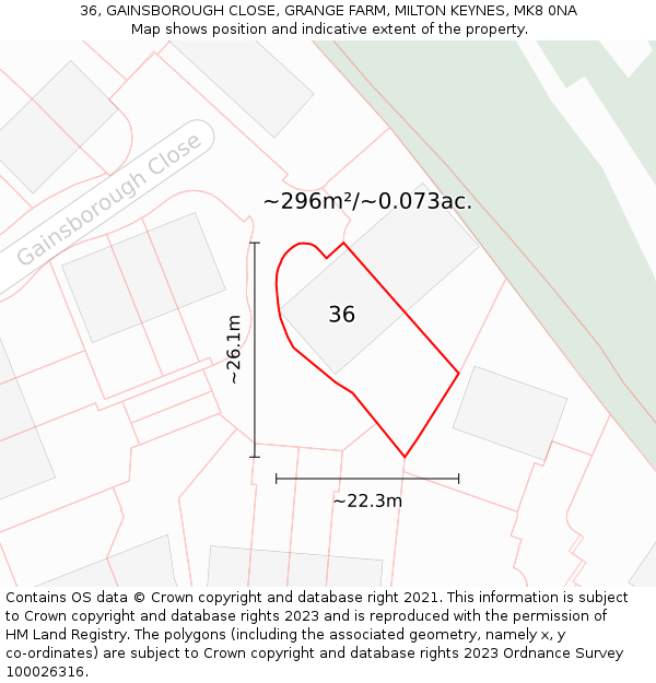 36, GAINSBOROUGH CLOSE, GRANGE FARM, MILTON KEYNES, MK8 0NA: Plot and title map