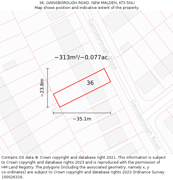 36, GAINSBOROUGH ROAD, NEW MALDEN, KT3 5NU: Plot and title map